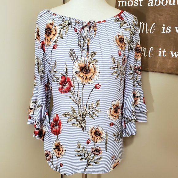 Como Blu Striped Floral Hi-Low Peasant Top - Picture 2 of 8